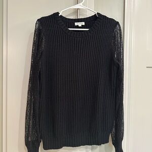 Blu Pepper Black Ribbed Crew Neck Sweater with Sheer Sleeves